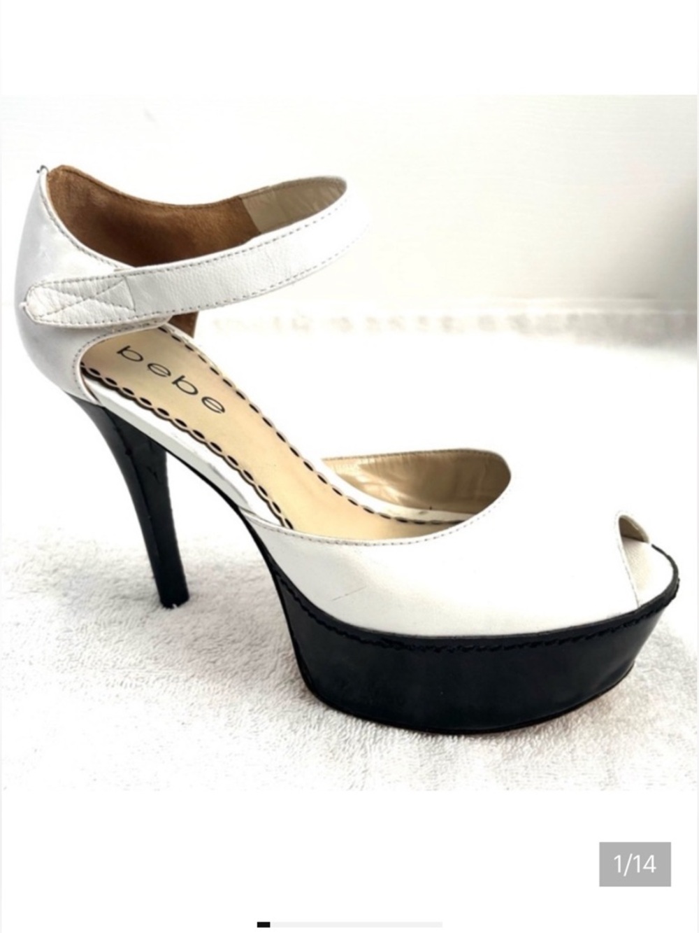 Bebe White and Black Peep-Toe Heels